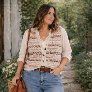 Vintage Runaway Bay Fair Isle Cotton Sweater Vest Made in Canada Button Front